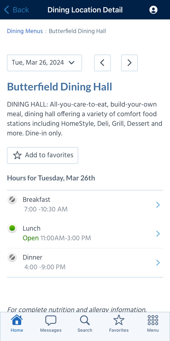 Reconfigured Dining Menus - faster page load, easier to select dates and navigate between screens